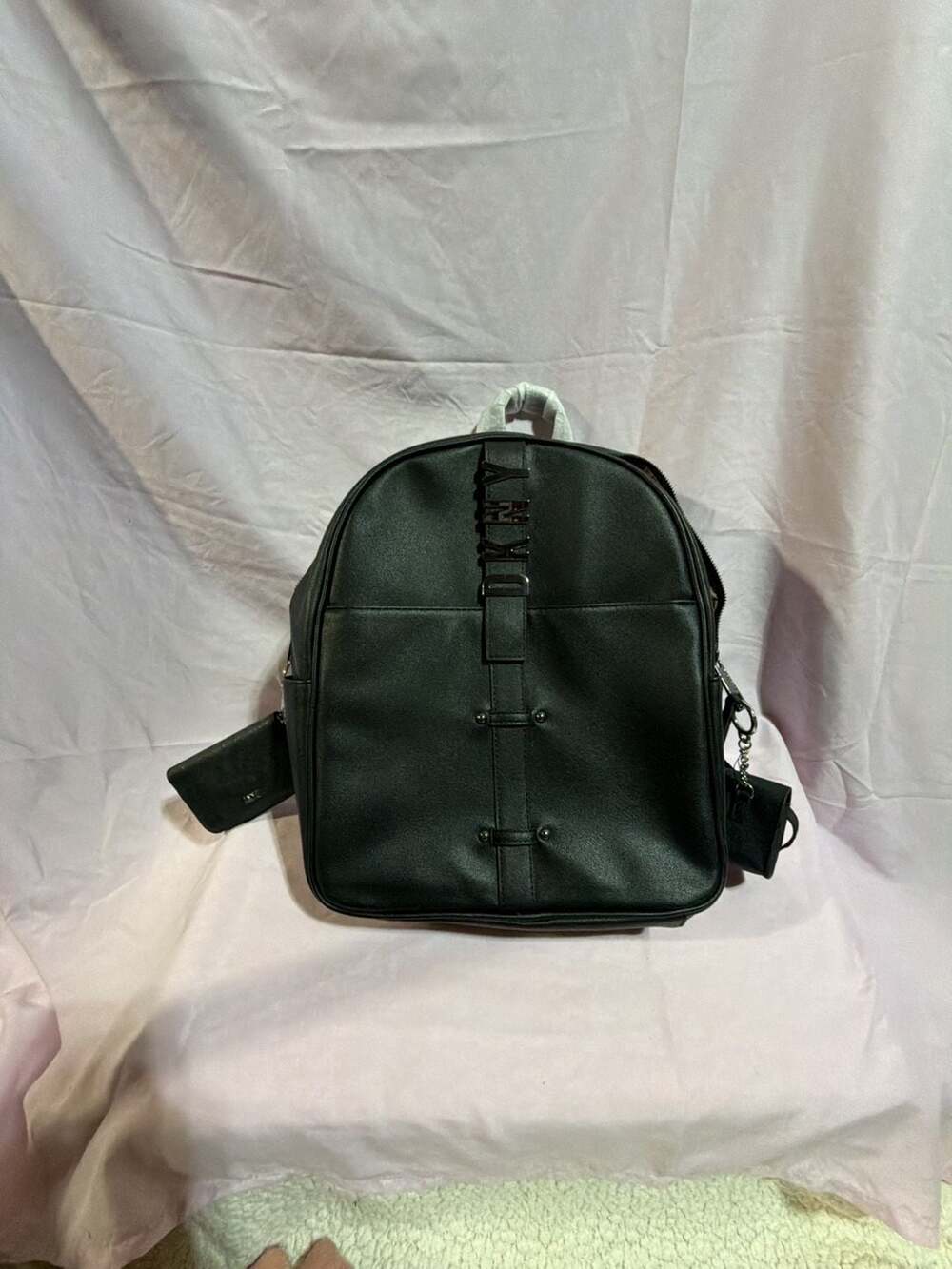 DKNY Black Leather Backpack with Logo Details